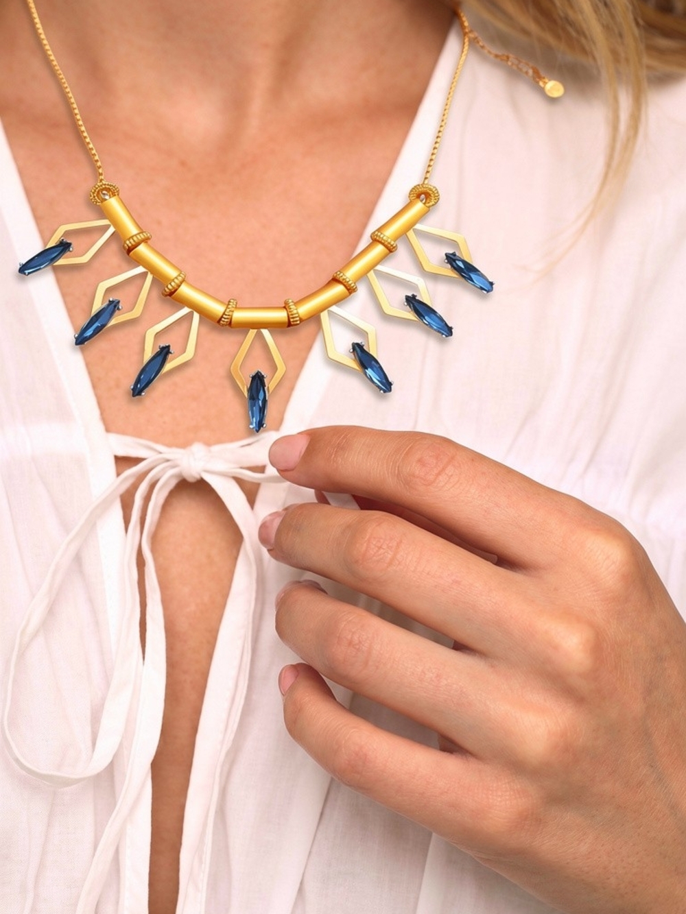 Gold-Tone Necklace with Blue Crystal Accents